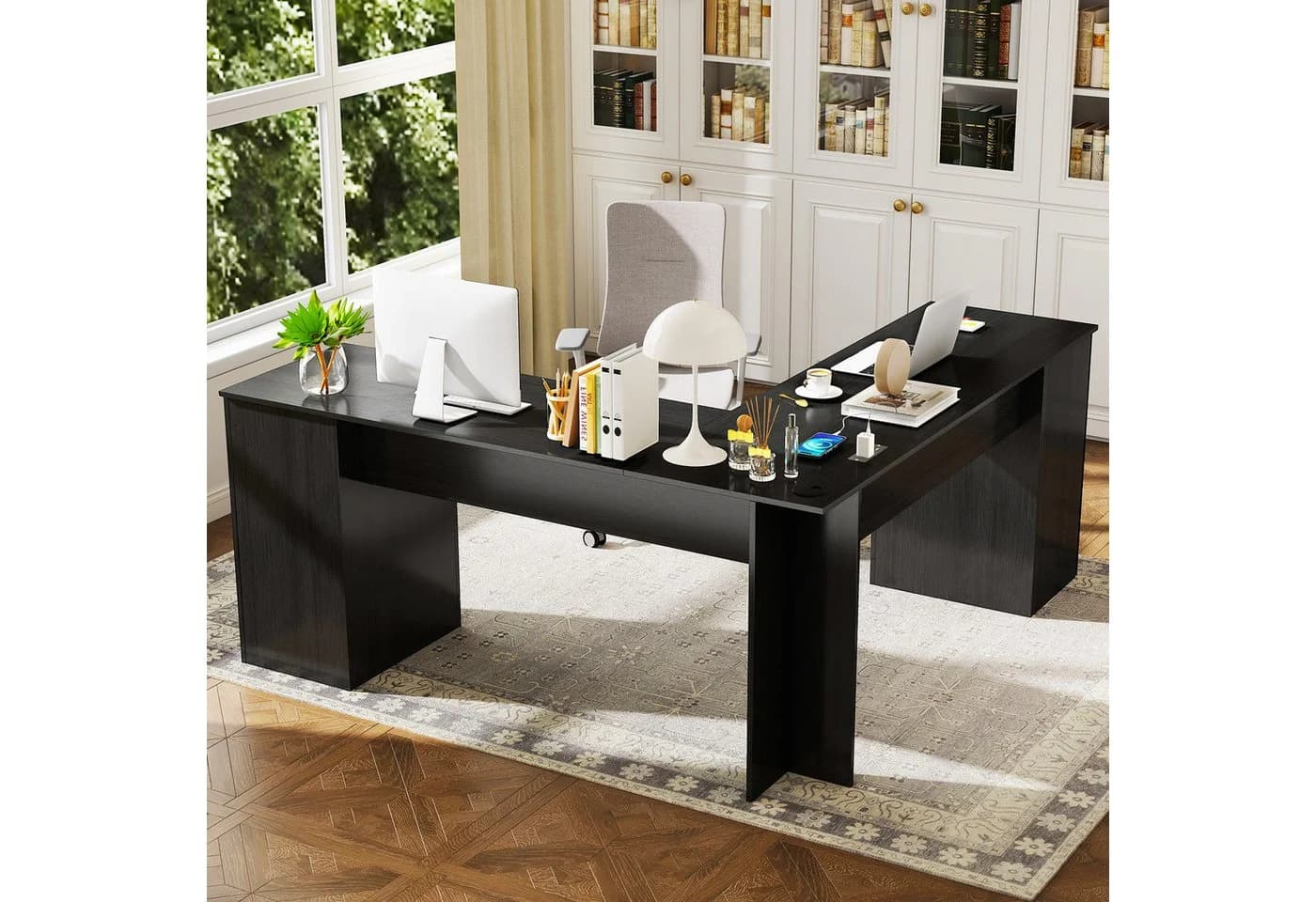 COSTWAY Eckschreibtisch L-Form mit Ladestation, Schrank & 2 Schubladen