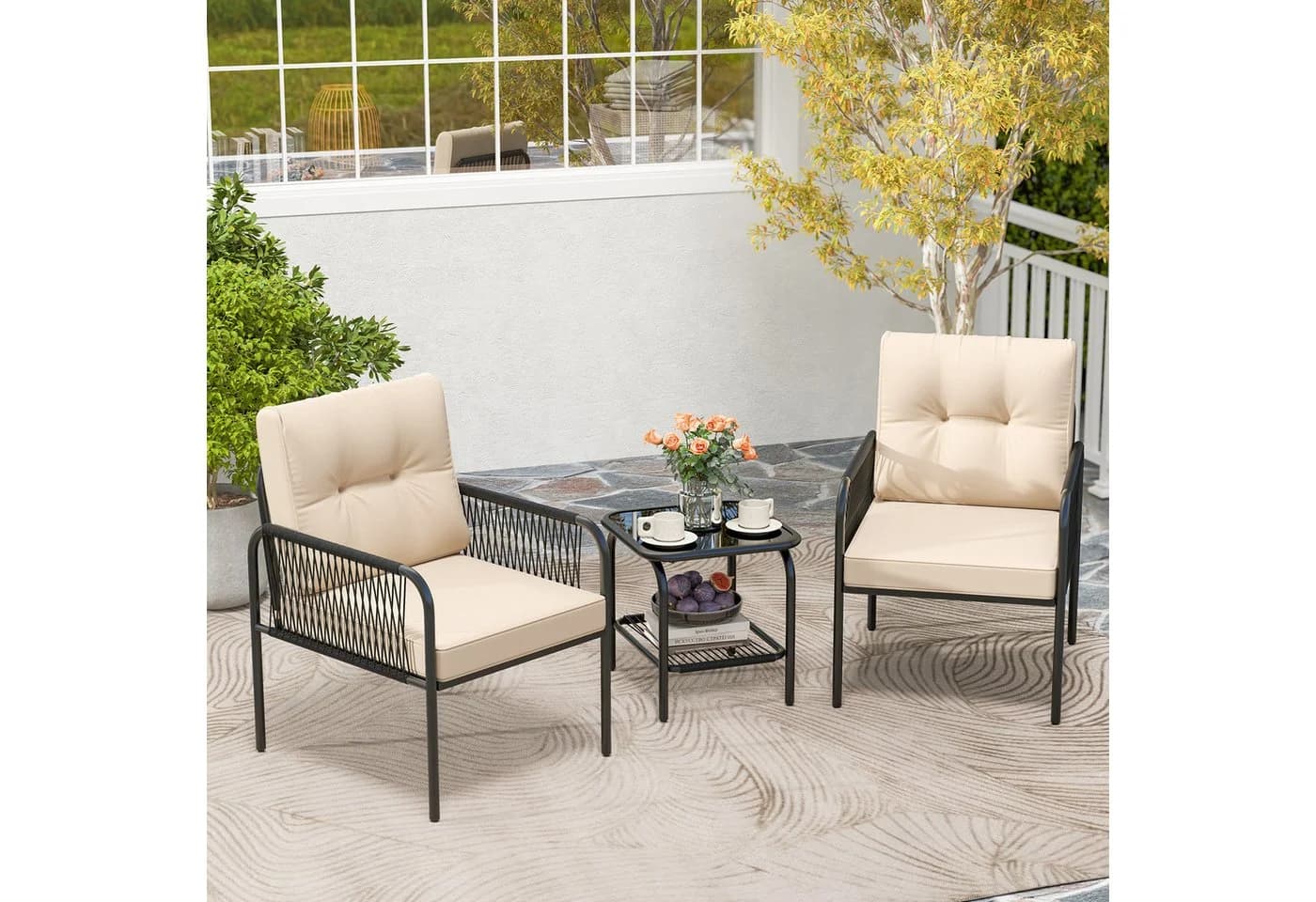 COSTWAY Balkonset 3-tlg. 1 Tisch, 2 Stühle Beige PE-Rattan