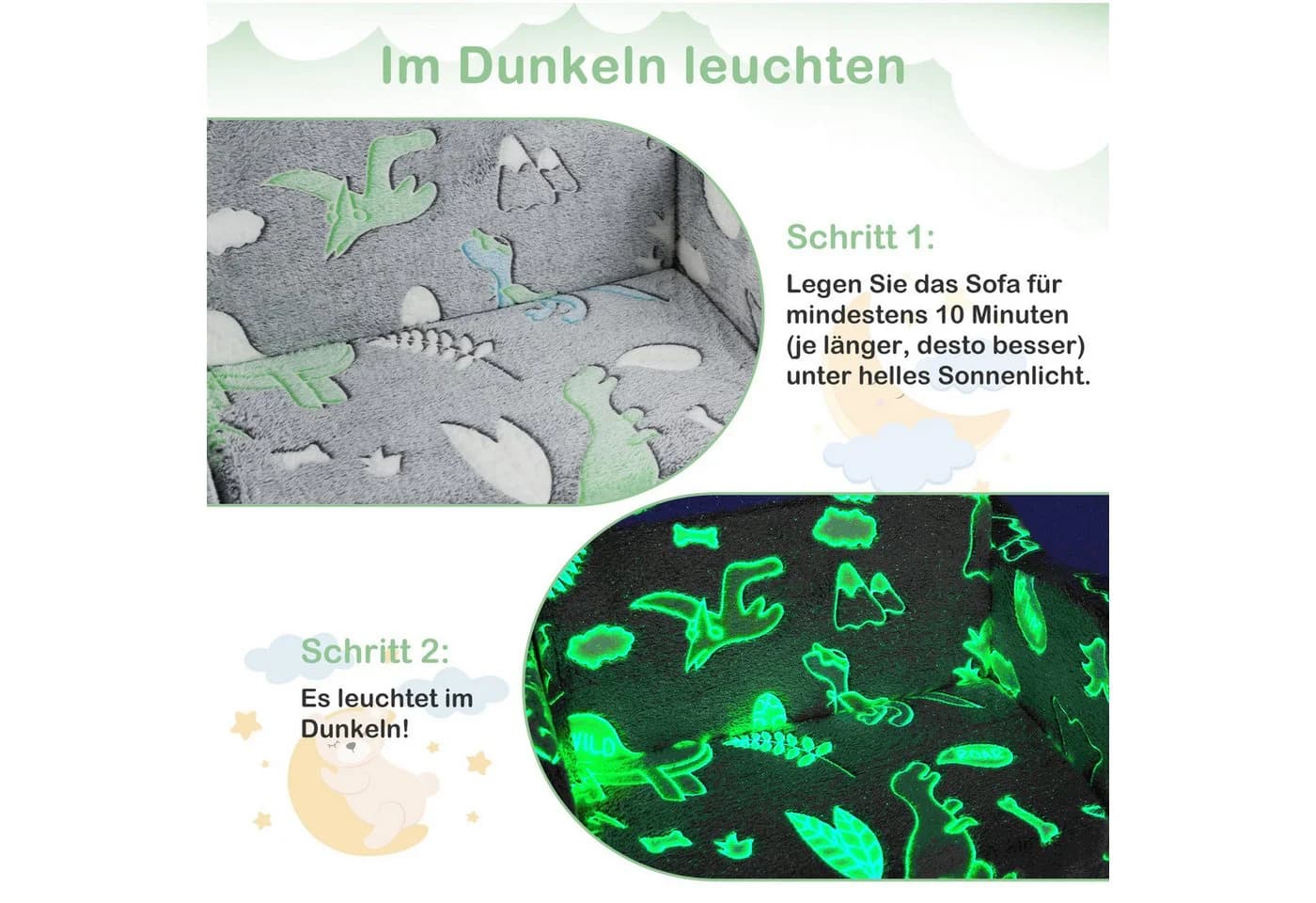 KOMFOTTEU Kindersofa ausklappbar mit Flanellbezug & Leuchtmotiven