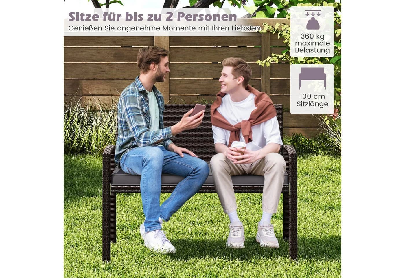 COSTWAY Gartenbank 2-Sitzer PE-Rattan mit Kissen grau/braun
