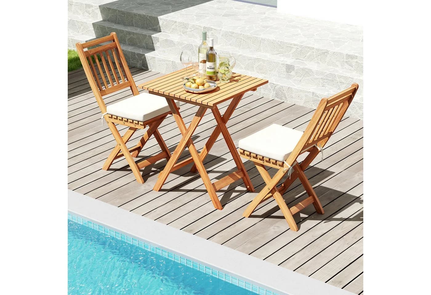 COSTWAY Bistro-Set 3-tlg. Klappbar Akazienholz mit Kissen