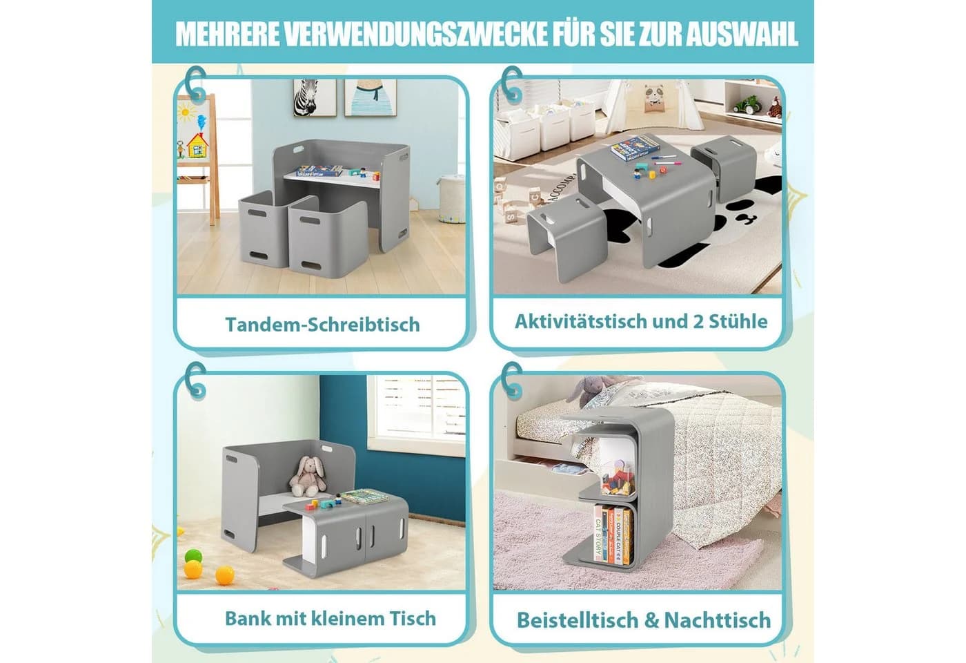COSTWAY Kindertisch mit 2 Stühlen 3-tlg. Buchenholz Natur