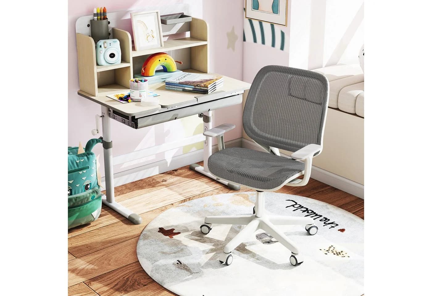 COSTWAY Drehstuhl Kinderstuhl 43-55cm höhenverstellbar mit Rollen 360° drehbar