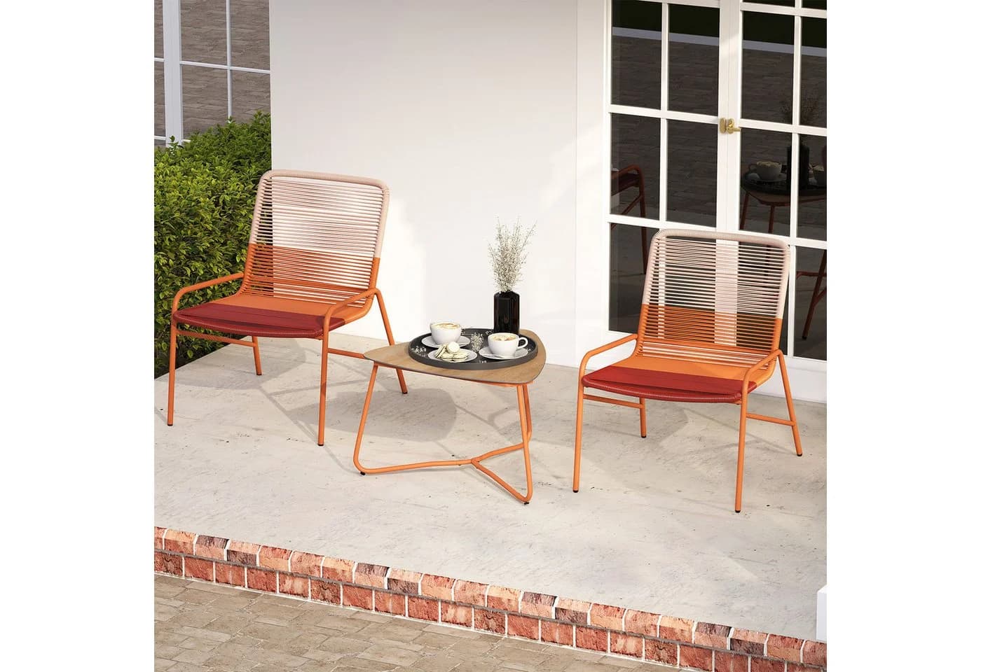 COSTWAY Balkonset 3-tlg. Rattan Gartenmöbel Orange mit Tisch