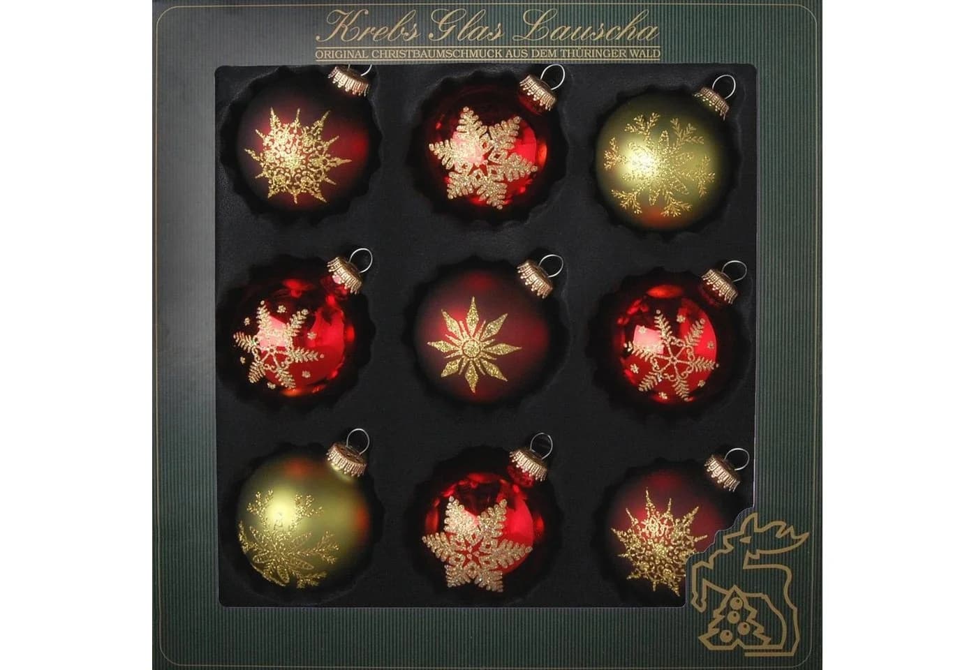 Krebs Glas Lauscha Weihnachtsbaumkugel Schneeflocken 9-tlg. Rot/Grün