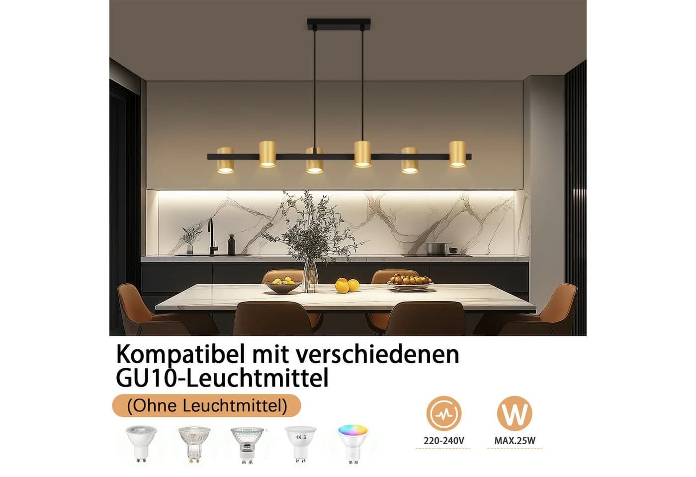 Nettlife Pendelleuchte 6-flammig Schwarz Gold GU10 Metall Industrial
