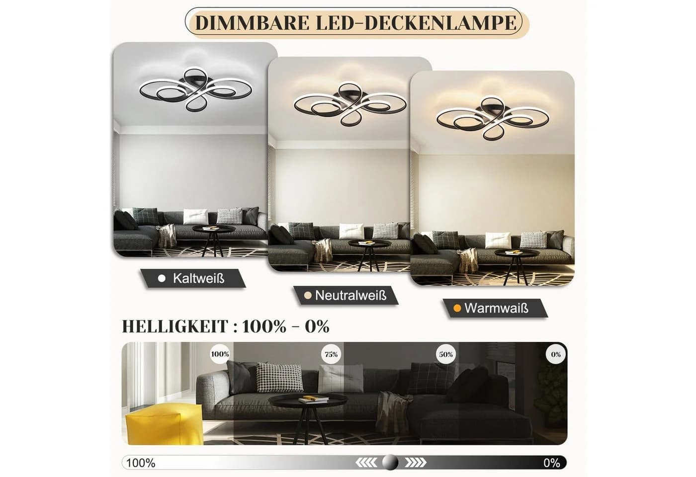 Nettlife LED Deckenleuchte Wohnzimmer Schwarz Dimmbar Modern 80CM Deckenlampe
