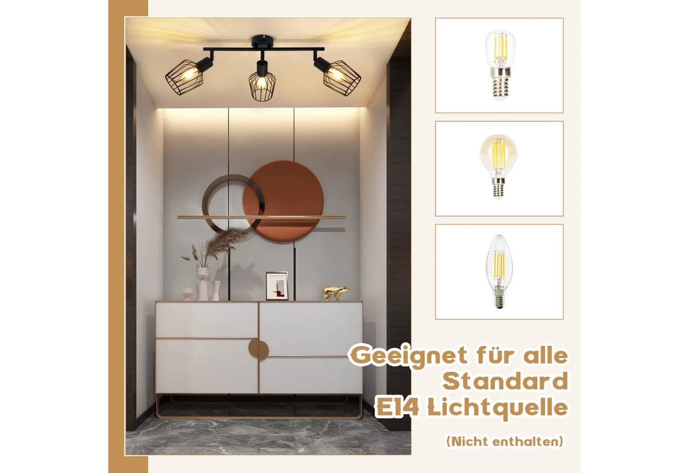 ZMH Deckenleuchte Wohnzimmer 3 Flammig Vintage E14 Deckenstrahler Schwarz