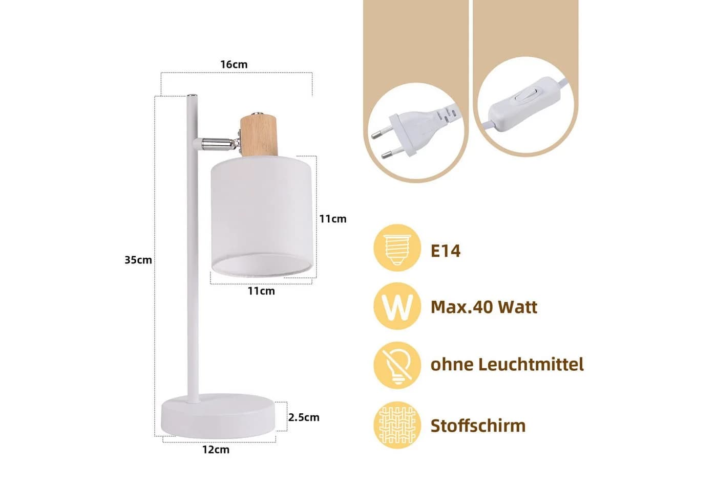 ZMH Tischleuchte Wohnzimmer 35CM Weiß Stoffschirm Retro mit Schalter