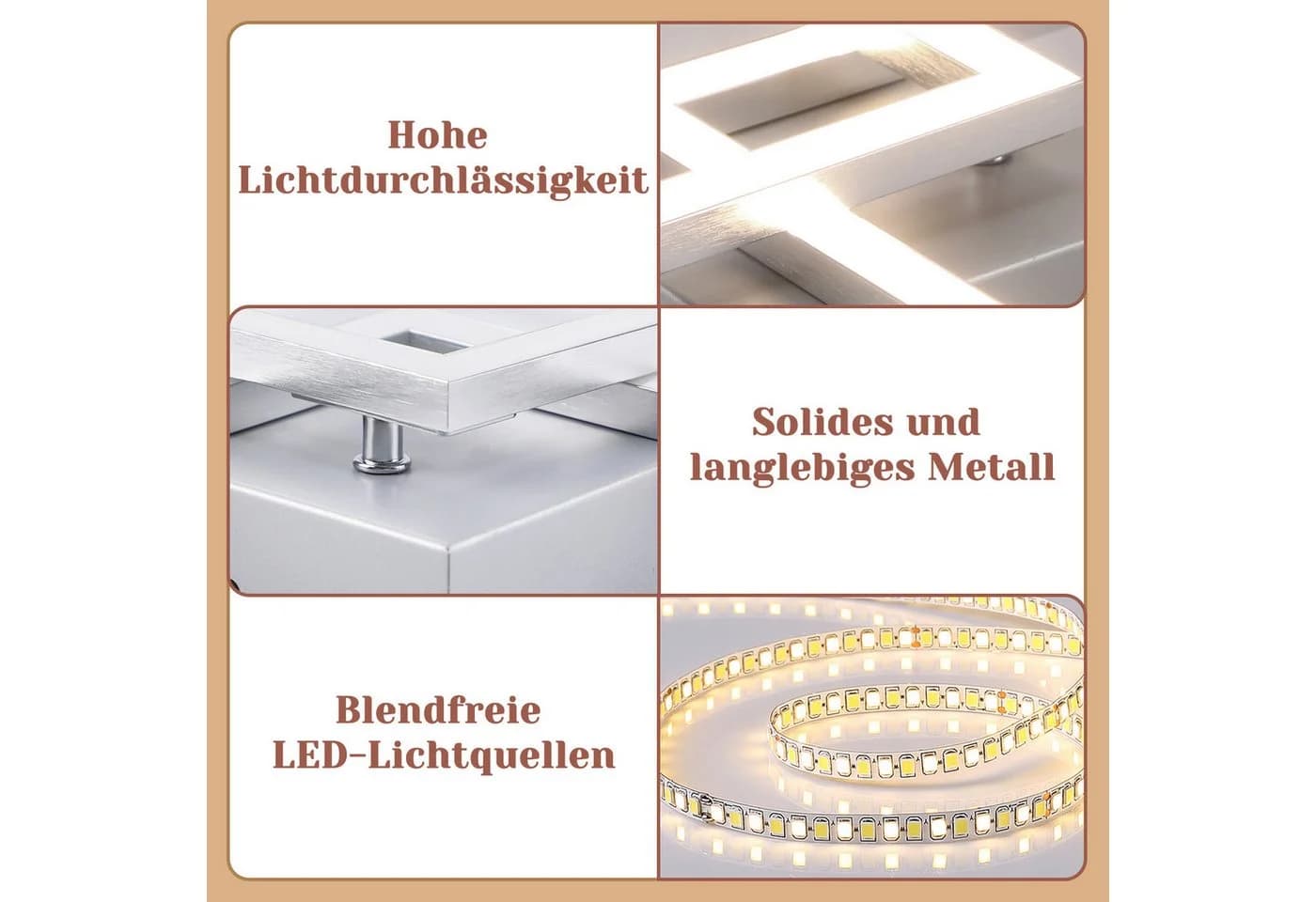 Nettlife LED Deckenleuchte Eckig Silber Modern 24W Metall 3000K Warmweiß
