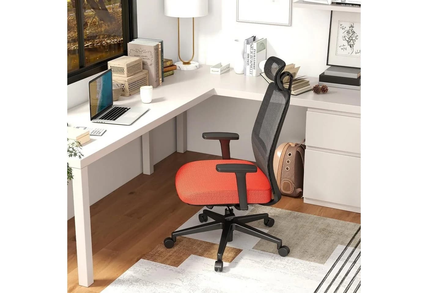 KOMFOTTEU Bürostuhl höhenverstellbar mit Kopfstütze Schwarz/Orange