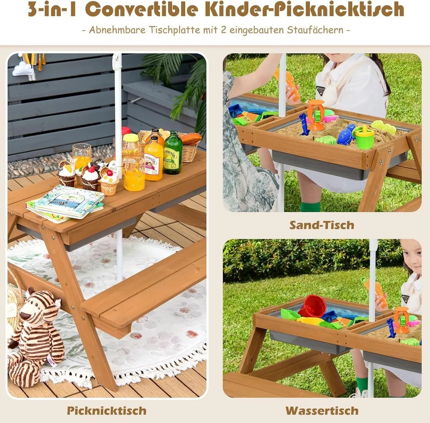 KOMFOTTEU Kindersitzgruppe mit Sonnenschirm Holz Garten