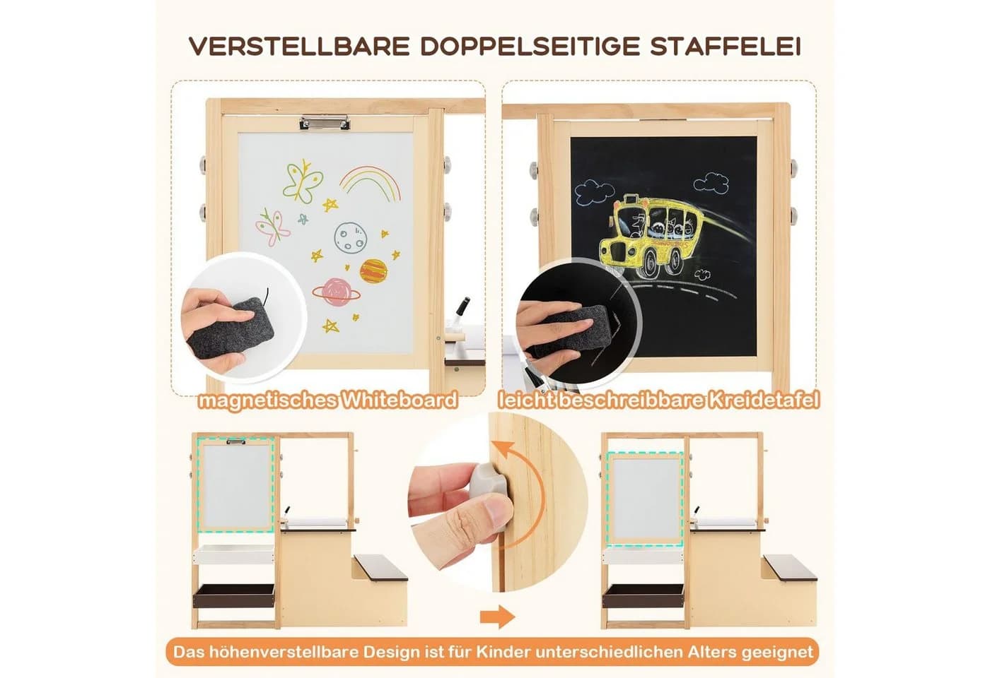 COSTWAY Kinder Staffelei 6-in-1 mit Bank, höhenverstellbar