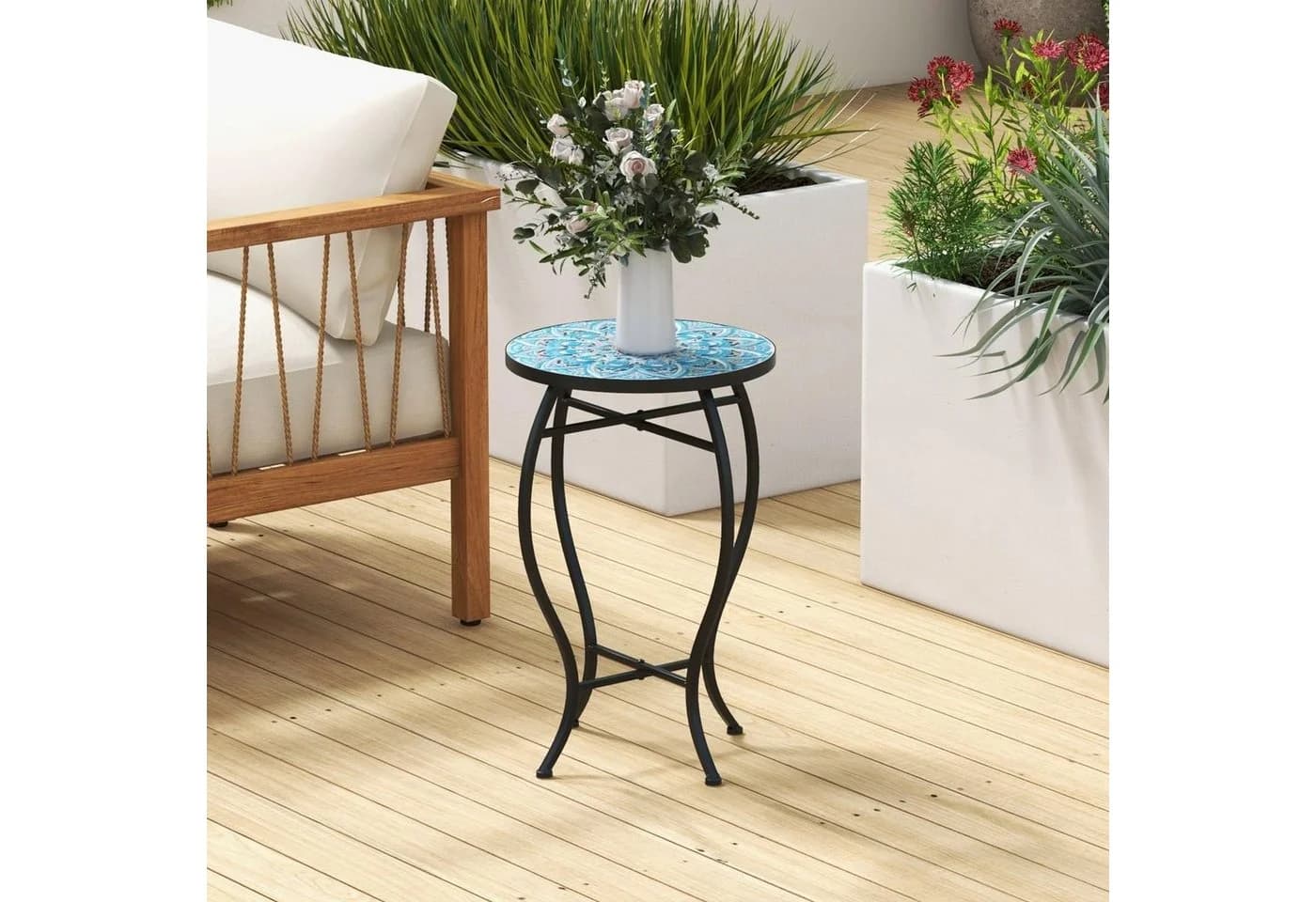 COSTWAY Gartentisch Mosaiktisch rund aus Metall & Keramik