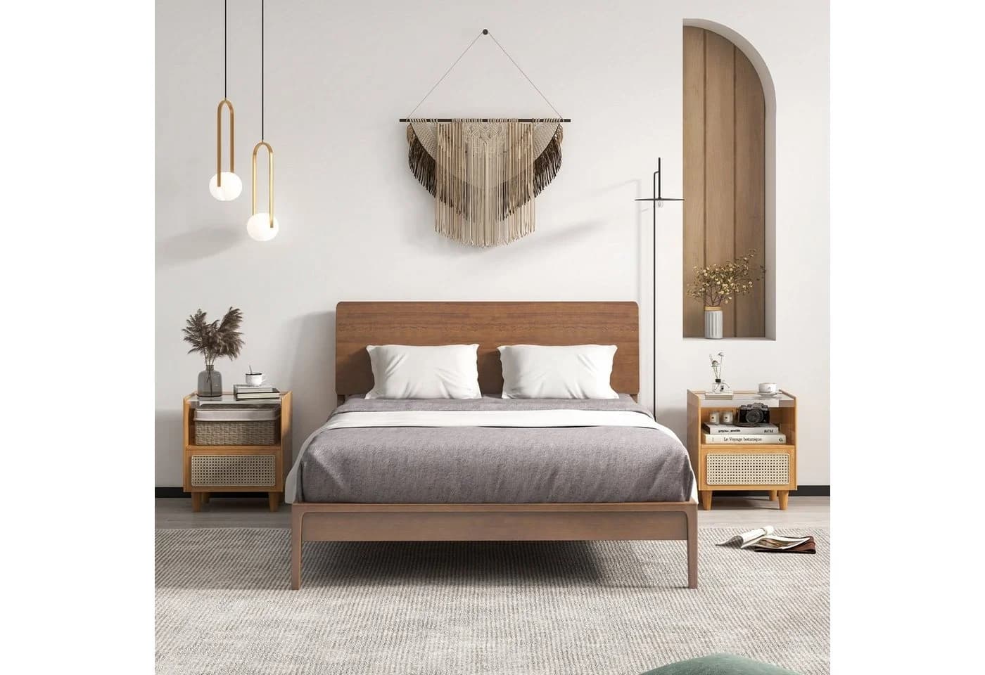 COSTWAY Nachttisch 2er-Set Rattan mit Glastischplatte Bambus