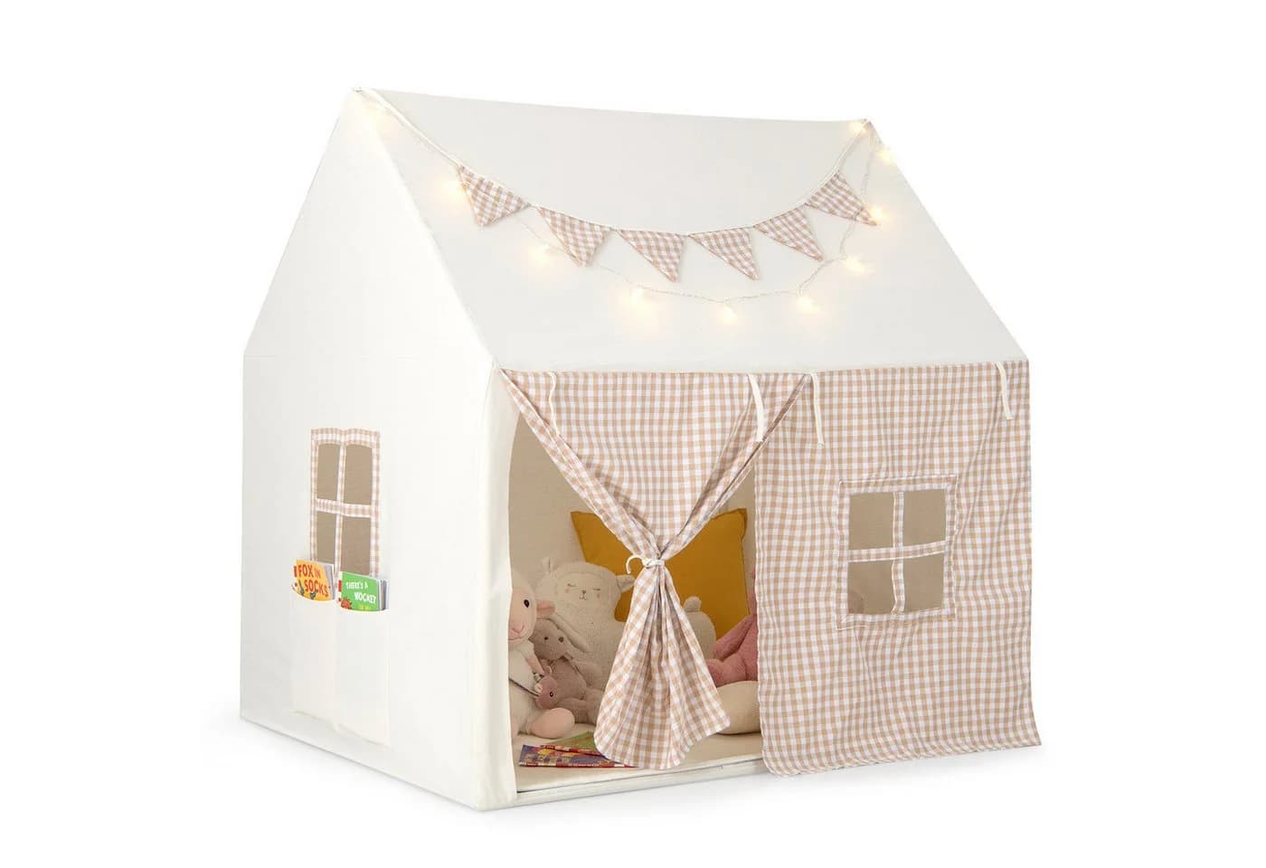 COSTWAY Spielzelt Tipi Zelt Beige mit Sternenlichtern & Taschen