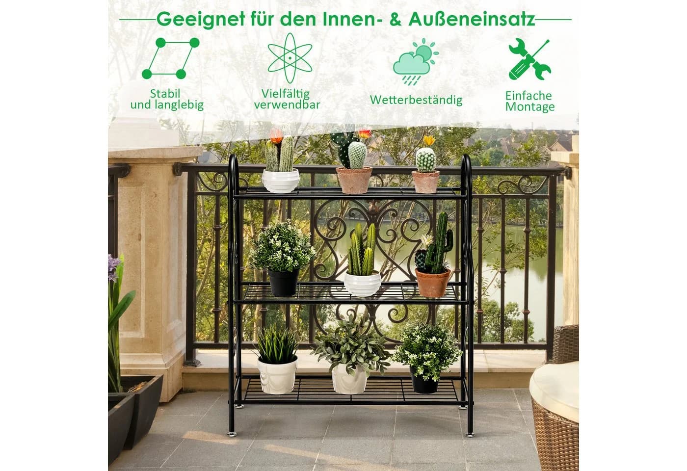 COSTWAY Blumenständer 3-stufig Schwarz Metall