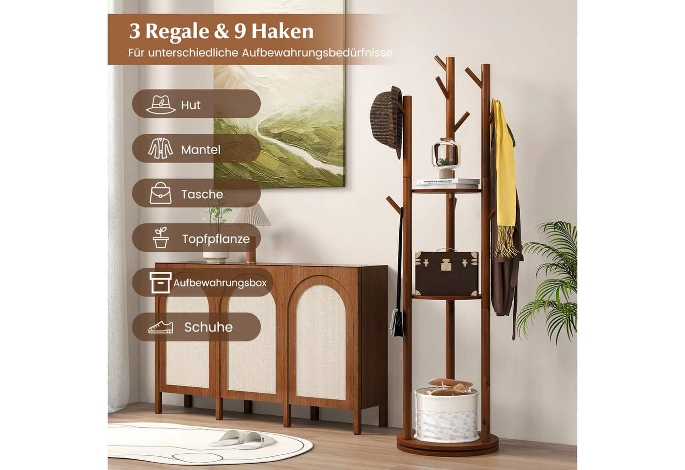 COSTWAY Kleiderständer drehbar Holz 3 Ablagen 9 Haken 167cm