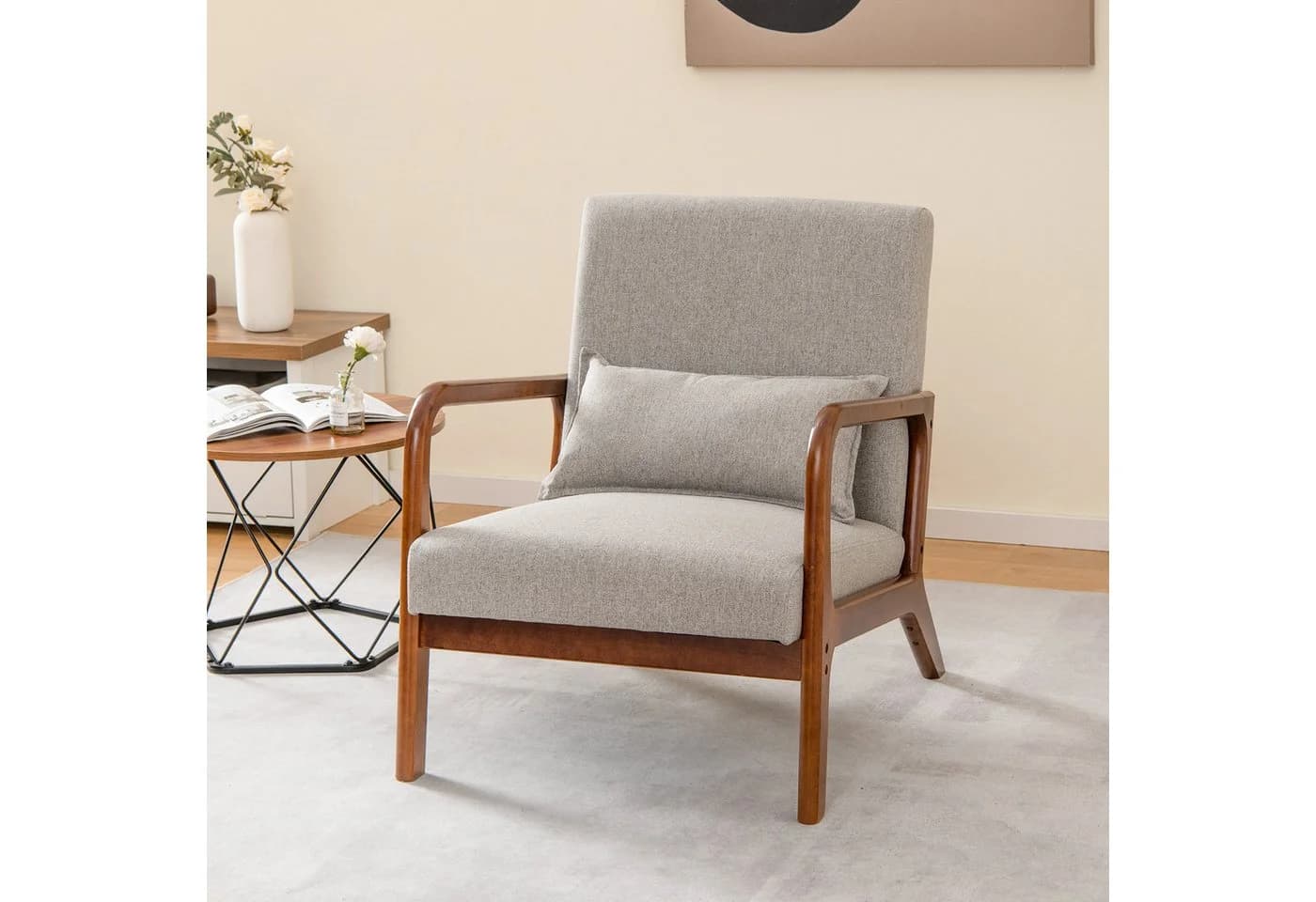 COSTWAY Relaxsessel Beige/Grau Holz 65x79x77cm