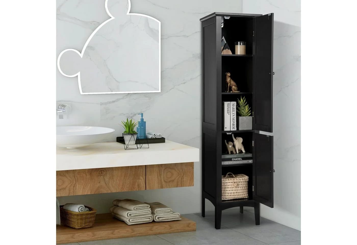 KOMFOTTEU Hochschrank Badschrank mit 2 Türen, 5 offene Fächer