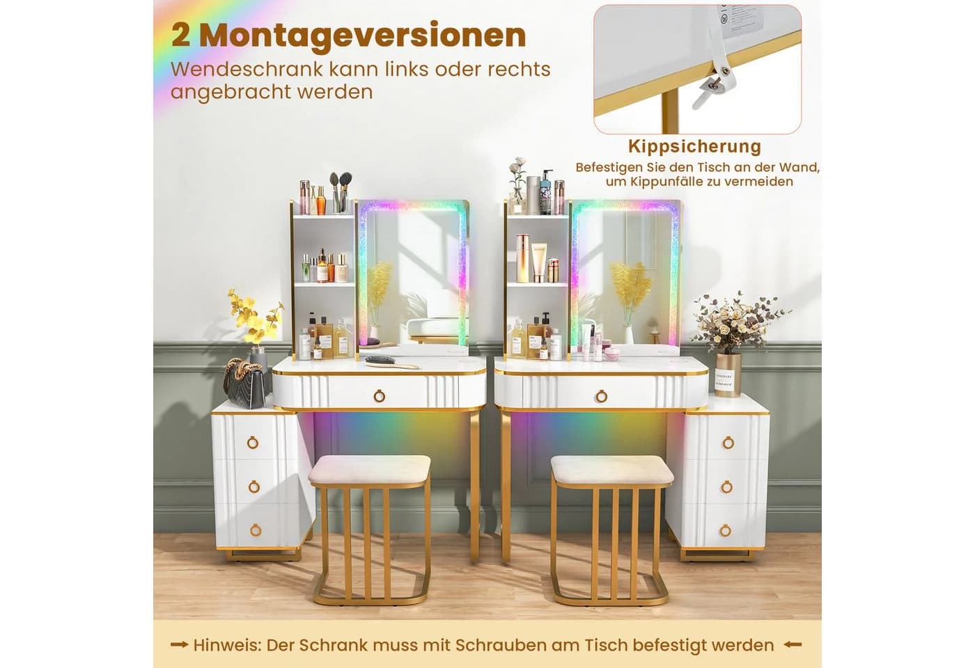 KOMFOTTEU Schminktisch mit LED, Hocker, USB/Type-C & Wireless Charging