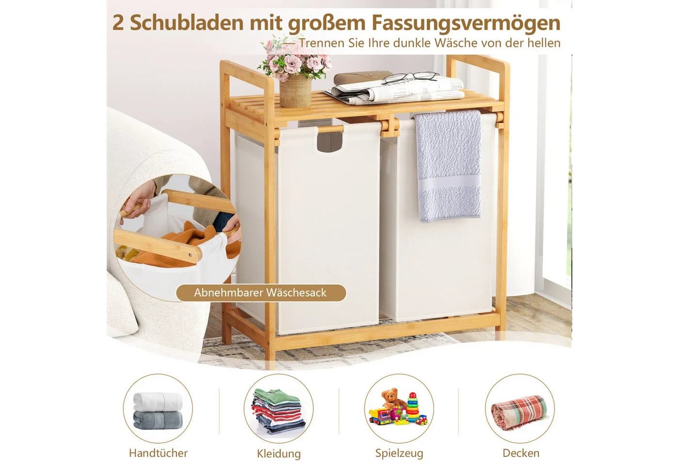 COSTWAY Wäschekorb Bambus 2 Fächer mit Ablage