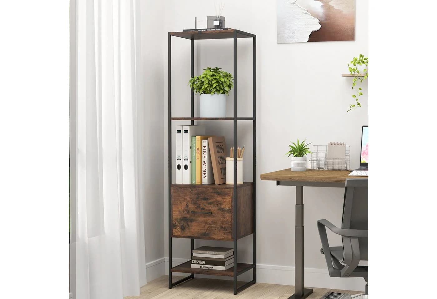 COSTWAY Bücherregal Metallrahmen mit Schublade Braun/Gold
