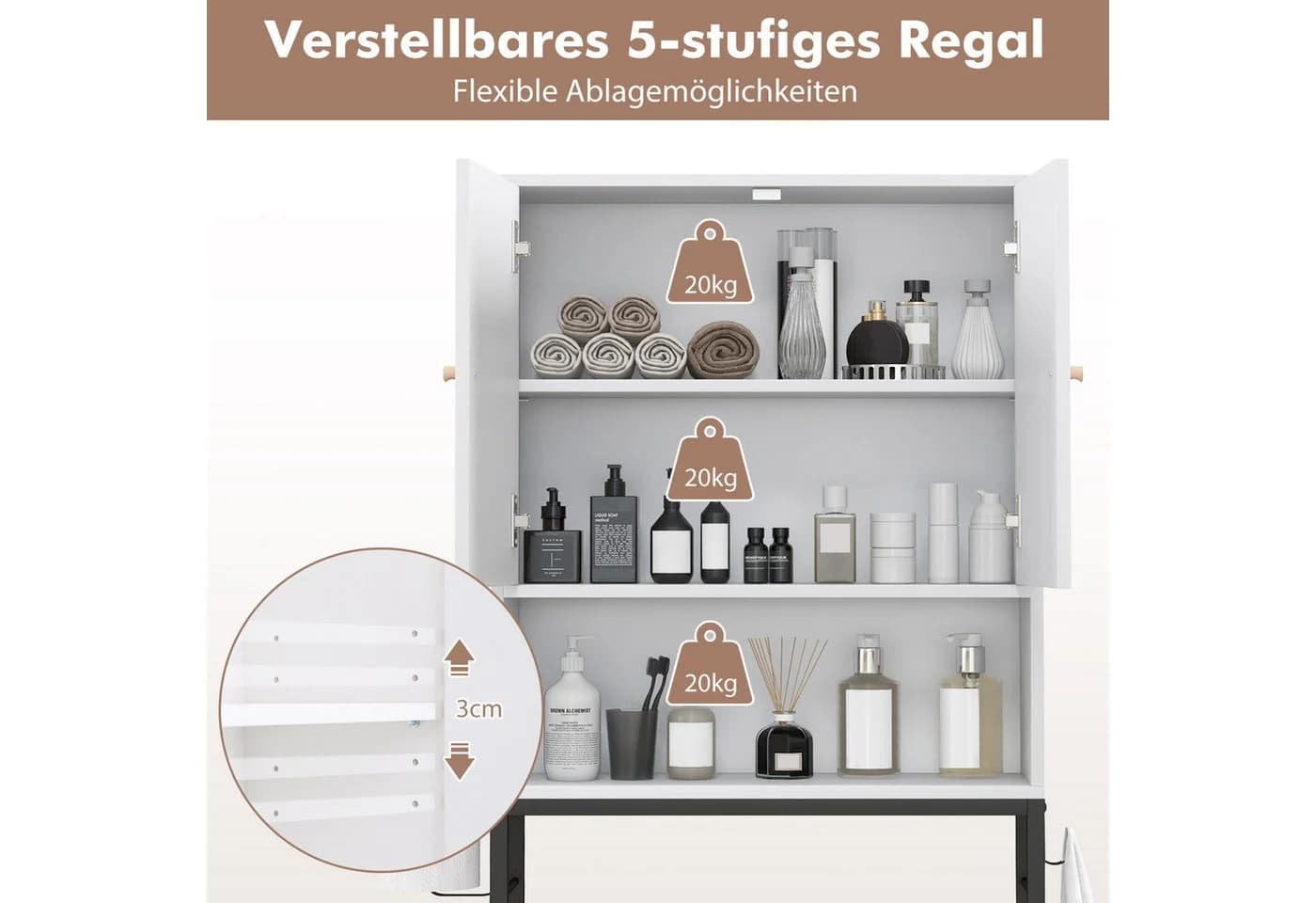 COSTWAY Badregal 3 Ebenen Weiß mit 2 Türen & Haken