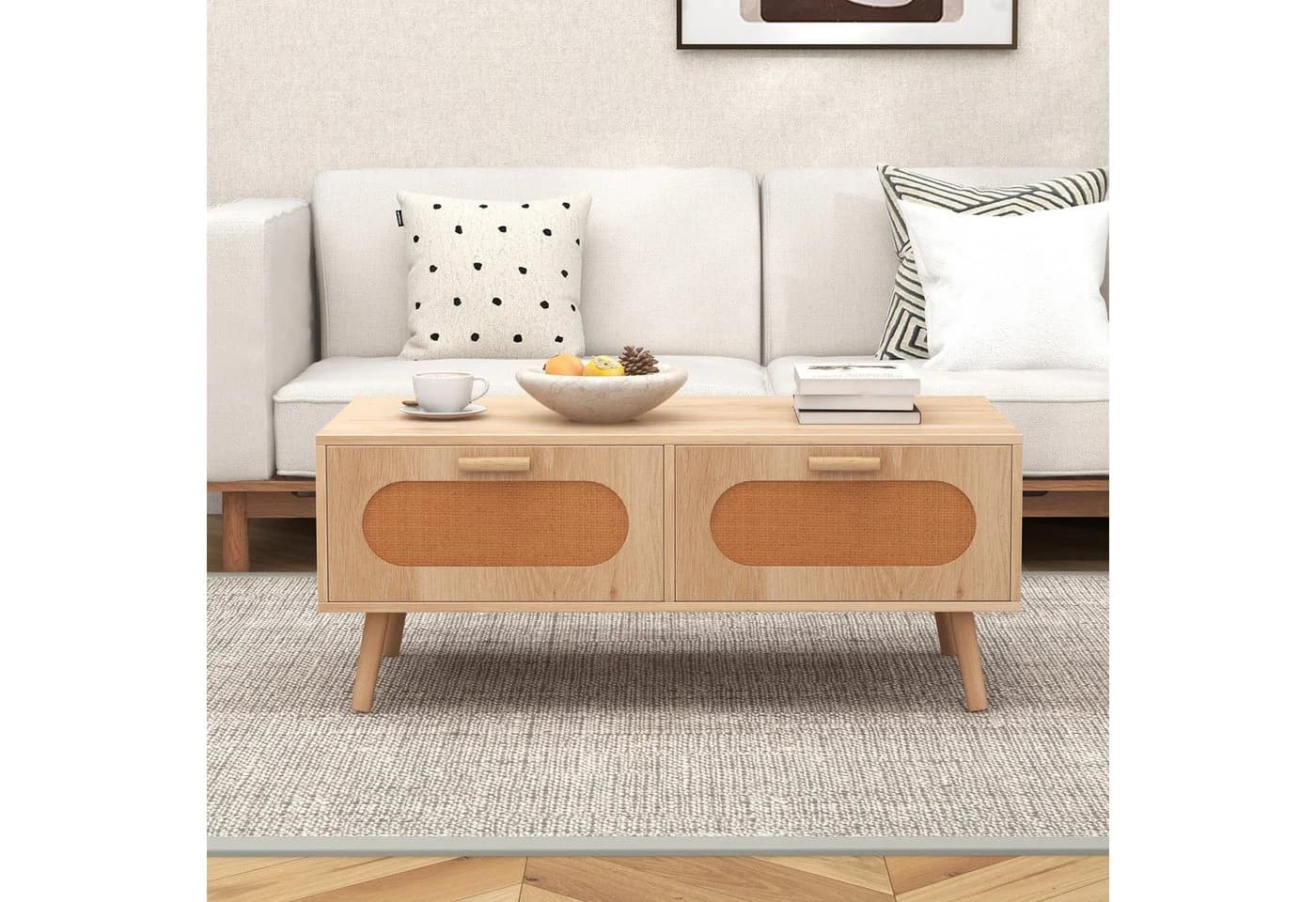 COSTWAY Couchtisch Rattan mit Schubladen und massiven Holzbeinen