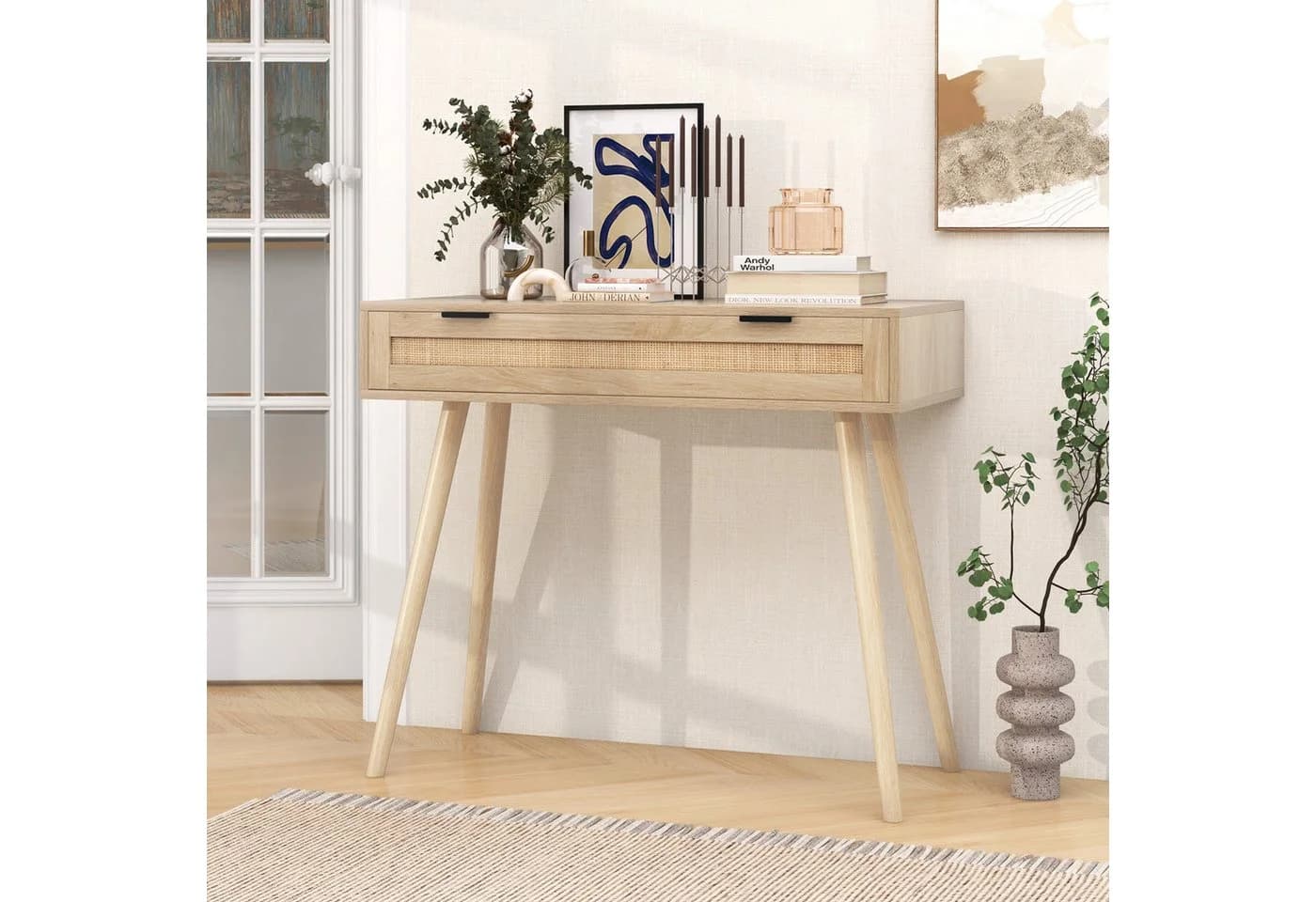 COSTWAY Konsolentisch mit Rattan-Akzenten