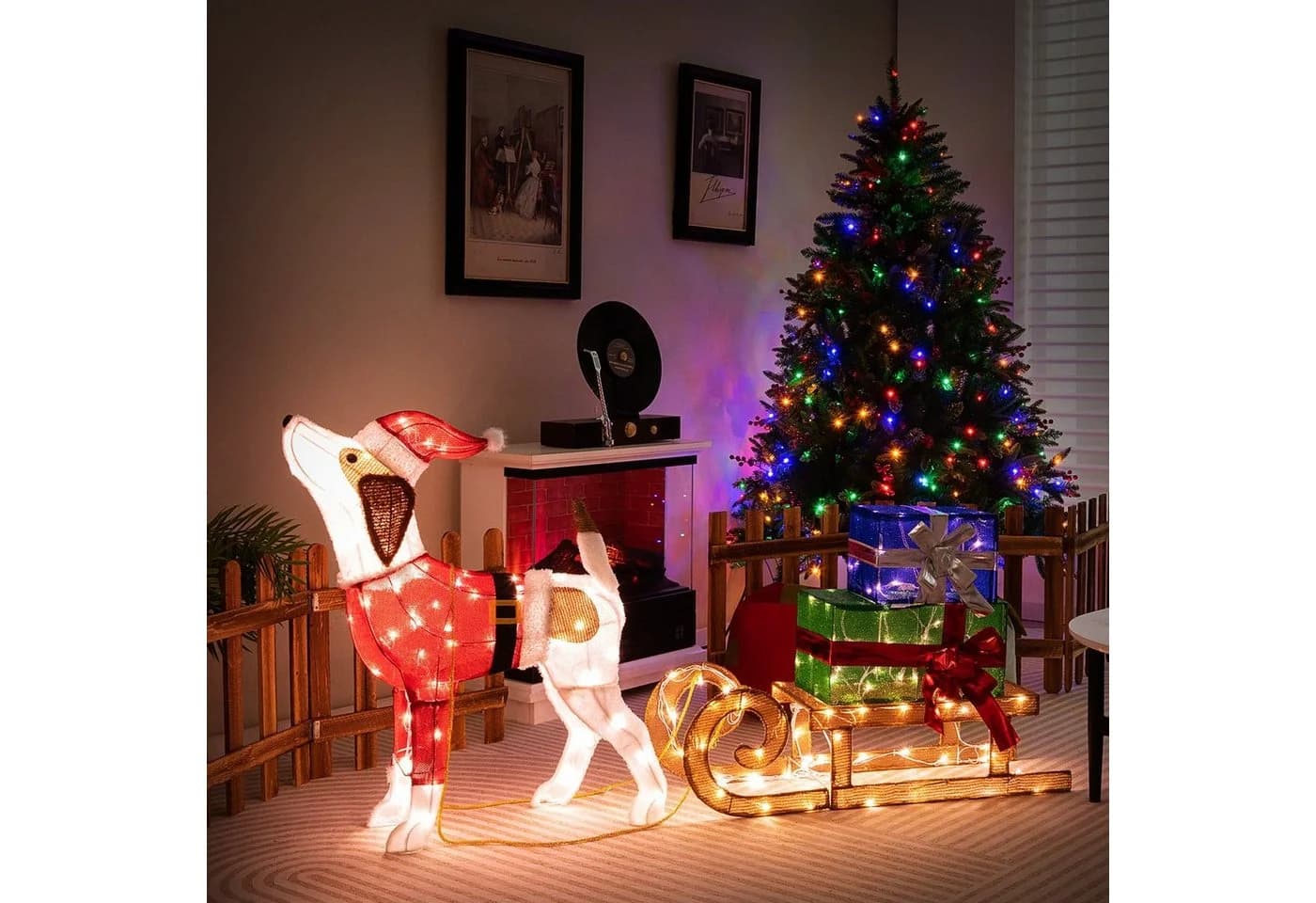 COSTWAY Weihnachtsfigur mit Schlitten & Geschenkboxen, 170 LED-Lichter