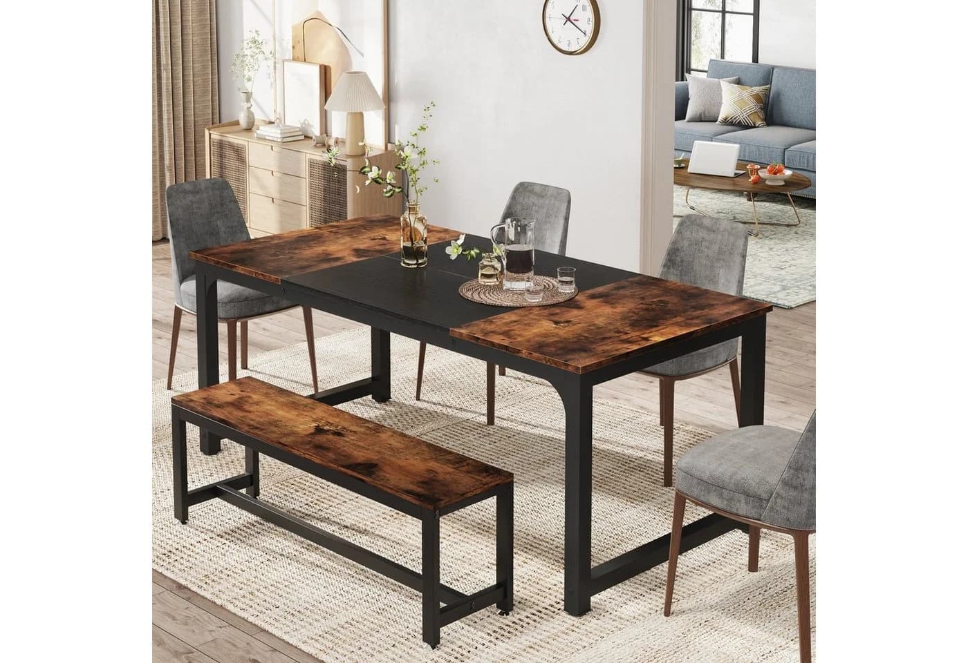 Tribesigns Esstisch Industriell 6-8 Personen Vintagebraun+Schwarz