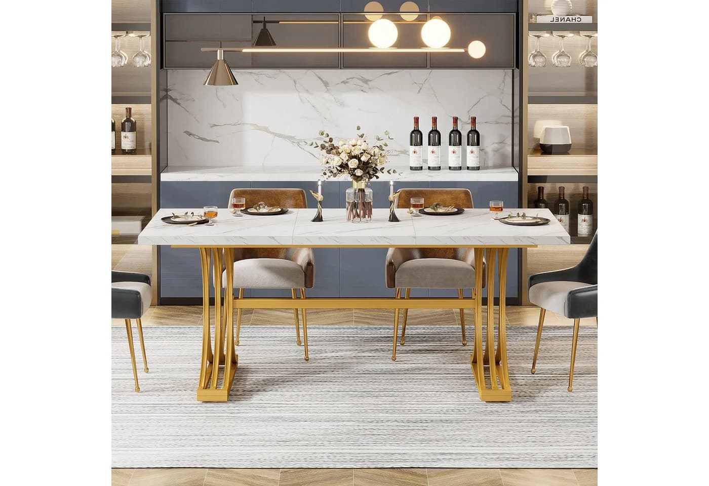 Tribesigns Esstisch 160x80 cm Marmoroptik Gold Metallgestell