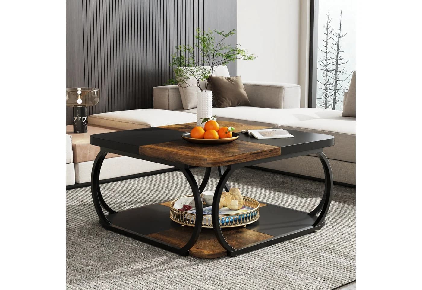 Tribesigns Couchtisch Wohnzimmertisch Quadratisch Braun/Schwarz