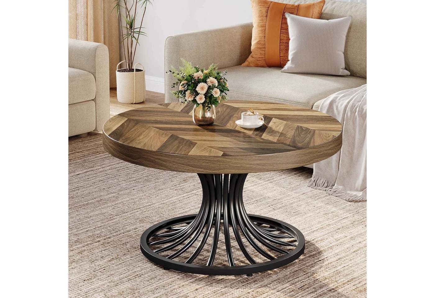 Tribesigns Couchtisch 80 cm Rund Braun Farmhouse