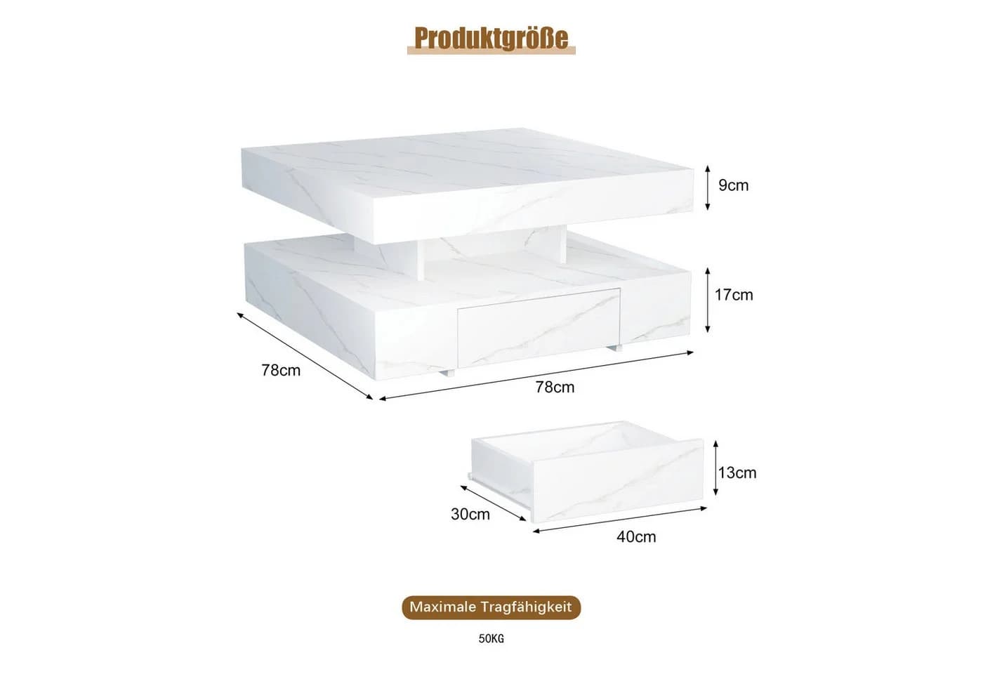 radelldar Couchtisch mit 2 Schubladen, LED & Fernsteuerung matt 78x78x40cm