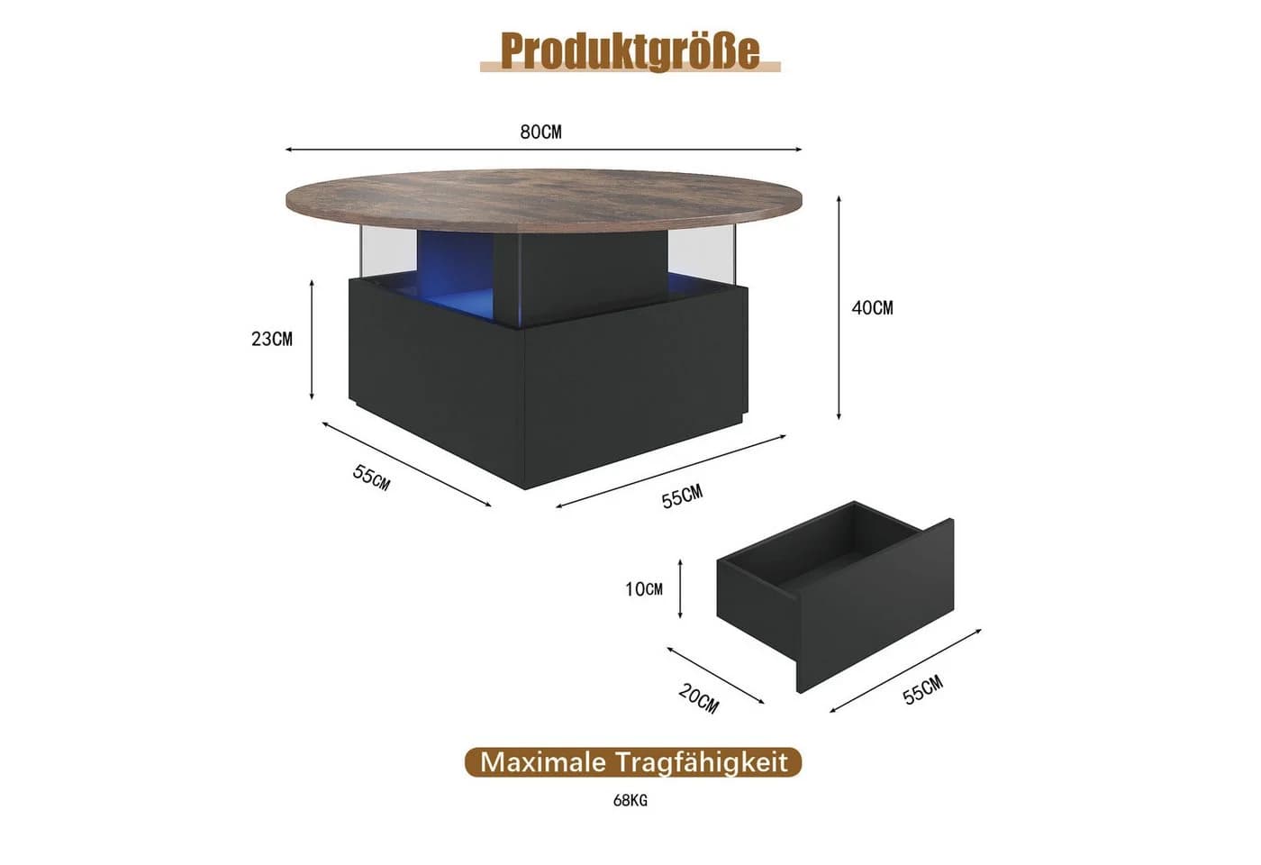 radelldar Couchtisch mit LED-Beleuchtung und 2 Schubladen, Wohnzimmertisch 80x40cm