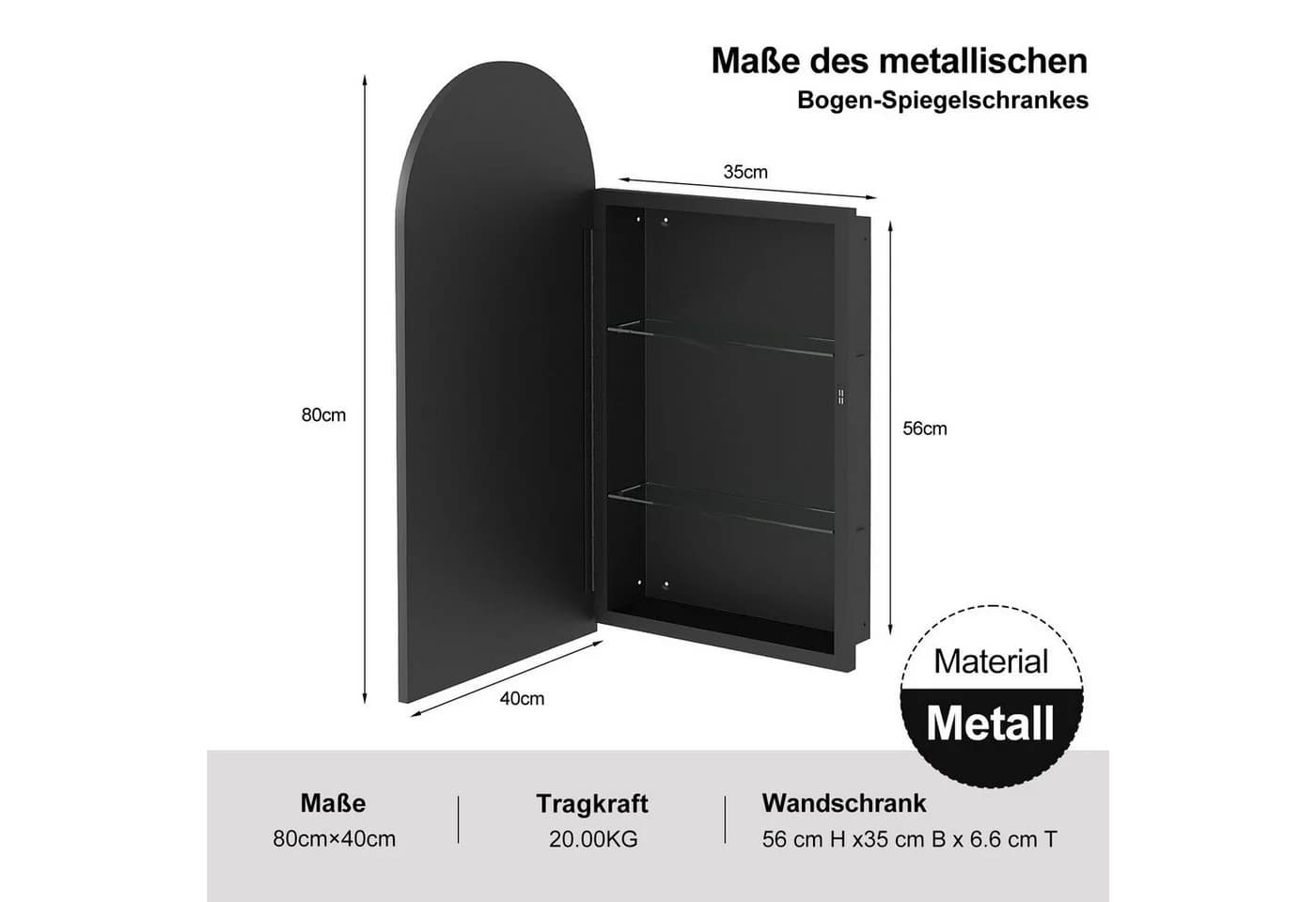 radelldar Badezimmerspiegelschrank Schwarz mit Spiegel und Glasregalen