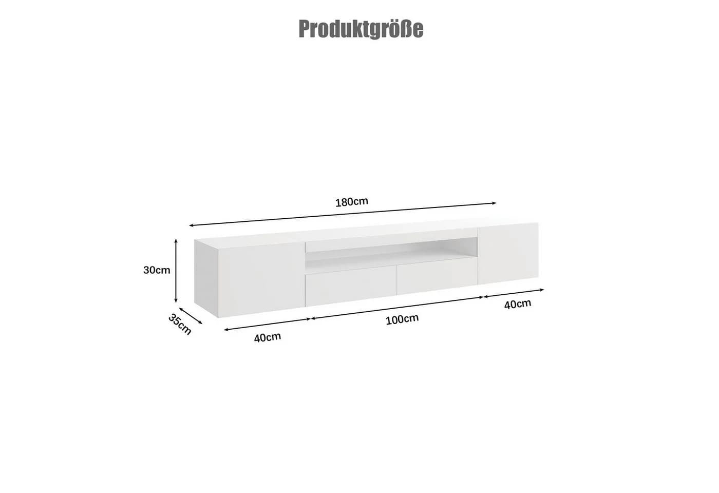 radelldar Lowboard 180cm Hochglanz mit LED-Beleuchtung und Stauraum