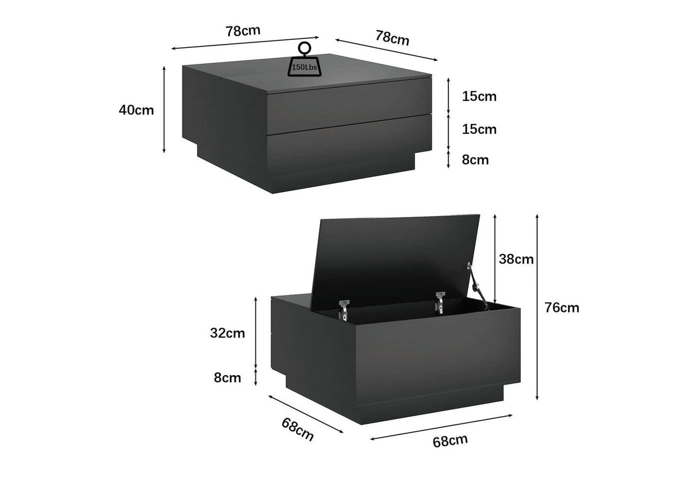 radelldar Couchtisch Wohnzimmertisch LED-Beleuchtung 78x78x40cm