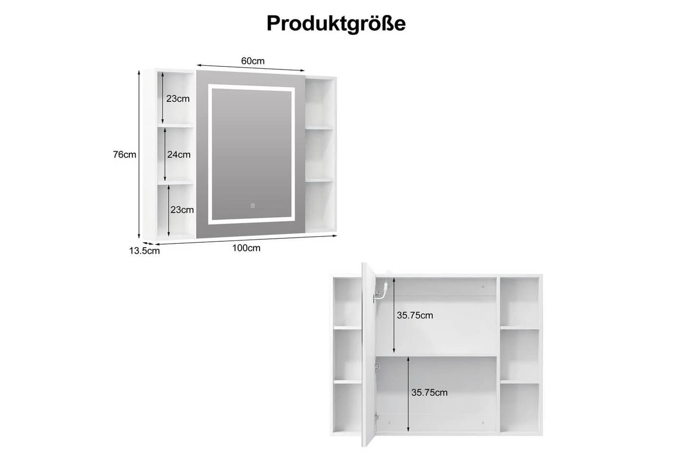 Radelldar Badezimmerspiegelschrank mit LED & Regalen, 100x76 cm, Weiß
