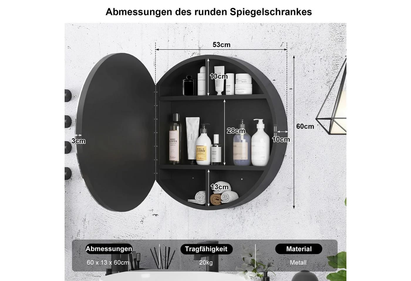 radelldar Badezimmerspiegelschrank Rund Schwarz 60x60 cm