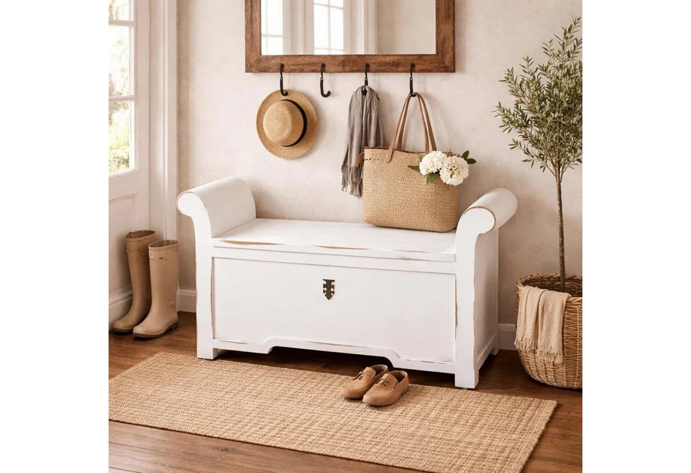 baario Sitztruhe ADNA Weiß Mangoholz massiv Shabby-Finish