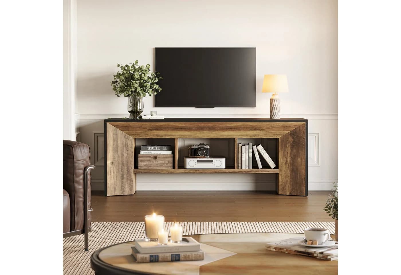 Tribesigns TV-Schrank 160cm mit 3 Ablagefächern Industrial Stil Braun/Schwarz