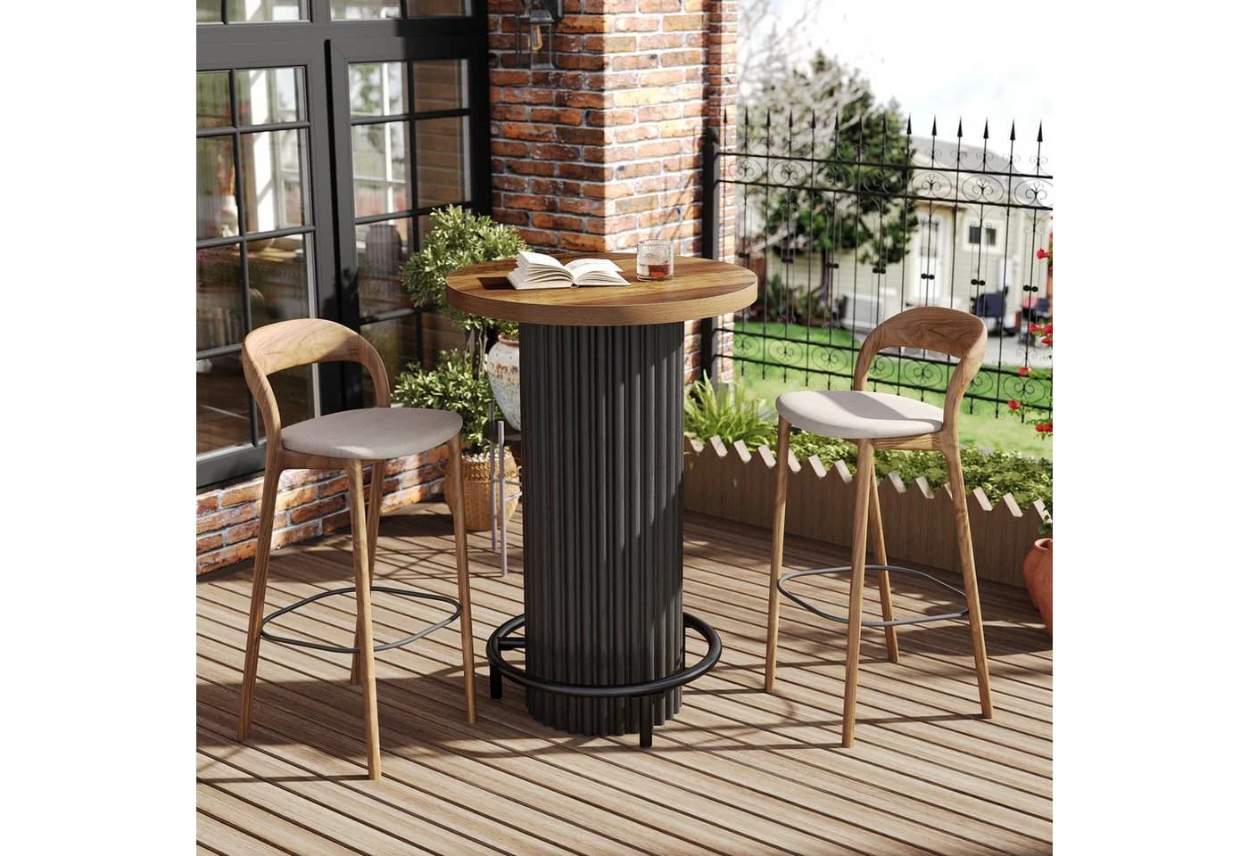 Tribesigns Bartisch 100 cm mit Metallfußstütze, Rundtisch Braun/Schwarz