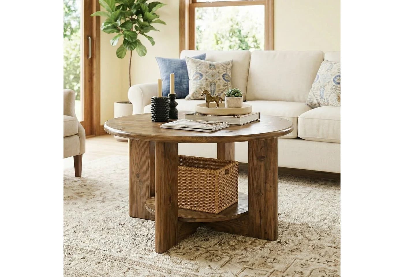 Tribesigns Couchtisch Massivholz Rund Braun