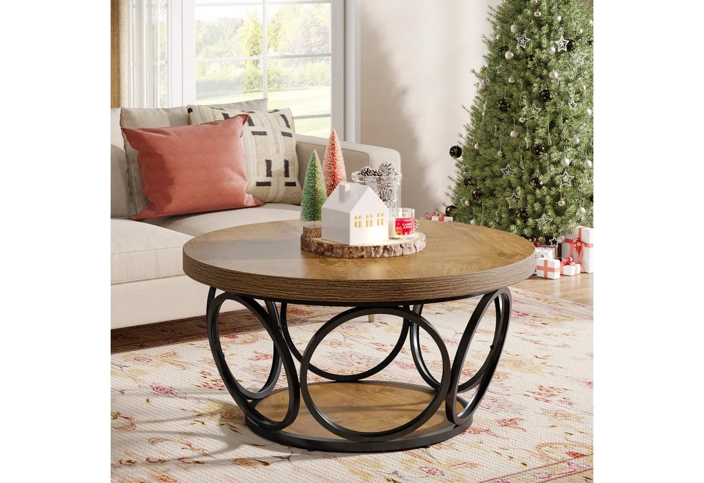 Tribesigns Runder Couchtisch Industrial 2-Tier Braun/Schwarz