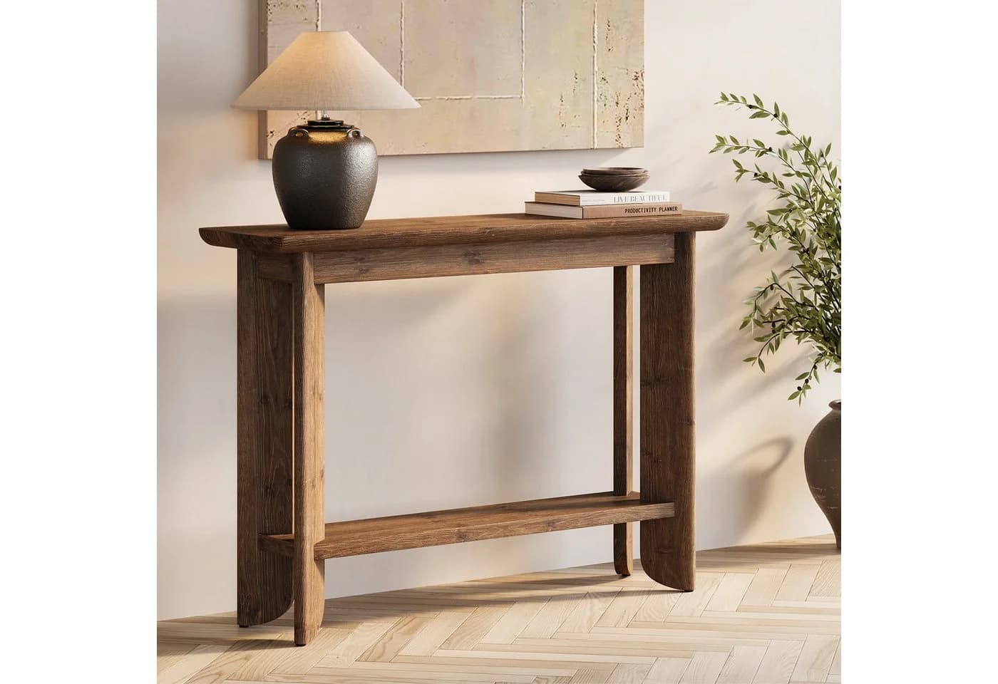 Tribesigns Konsolentisch Massivholz 105 cm Dunkle Walnuss