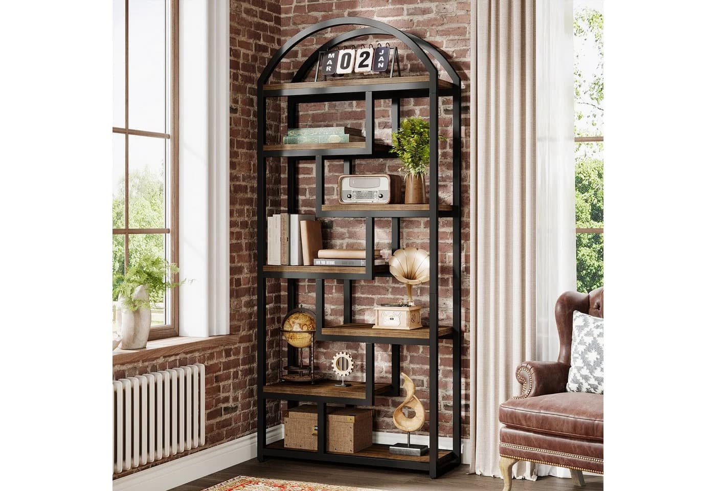 Tribesigns Bücherregal 180cm Bogendesign 7 Fachböden Industrial Braun Schwarz