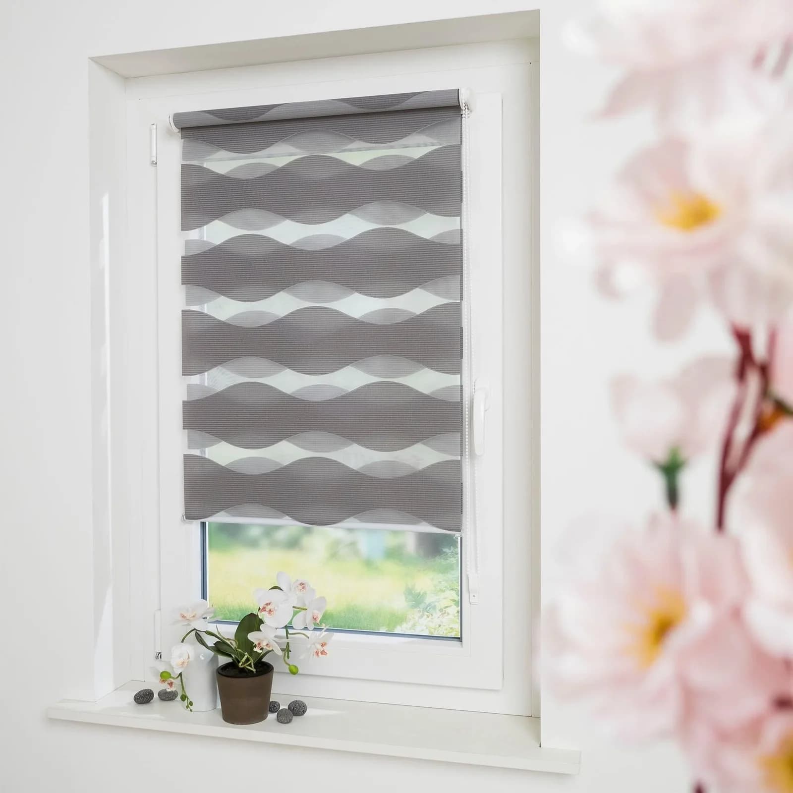 GARESA Doppelrollo Welle Grau Weiß 80x210 cm Klemmfix